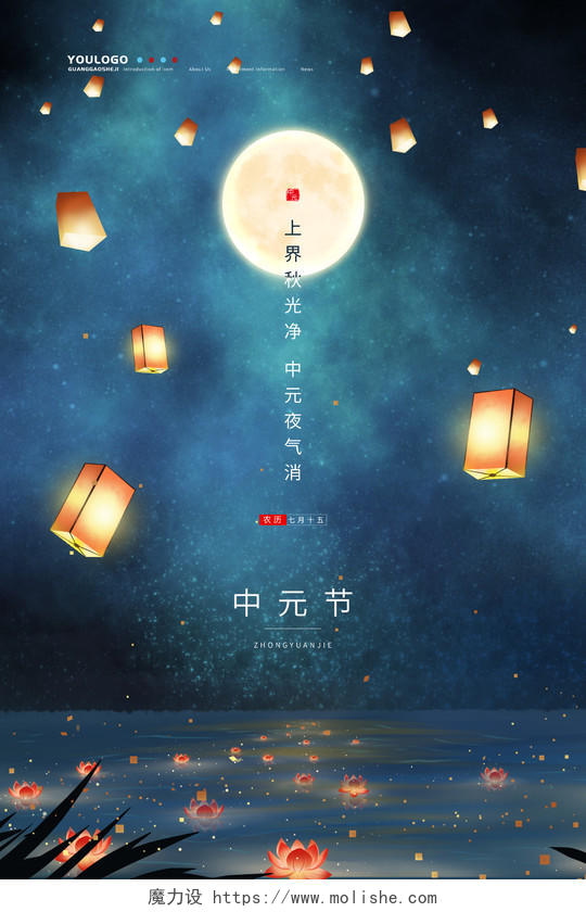 蓝色简约唯美中国传统节日中元节海报